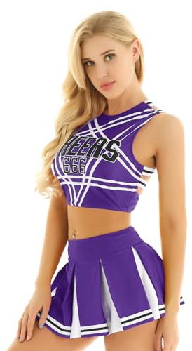 iiniim Damen Cheer Leader Kostüm Cheerleading Uniform Crop Tops mit Faltenrock Schulmädchen Kostüm Cosplay Halloween Fasching Karneval Kostüm S-XXL Lila L