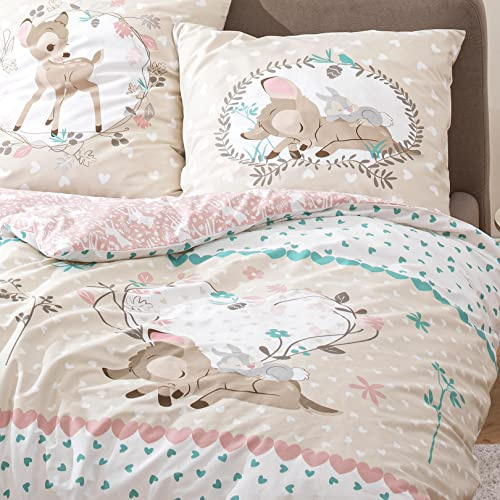 MTOnlinehandel Bambi sängkläder 135 x 200 + 80 x 80 cm, sängkläder för flickor 100 % bomull i Renforcé, Disney's Bambi REH & knackare hare barnsängkläder