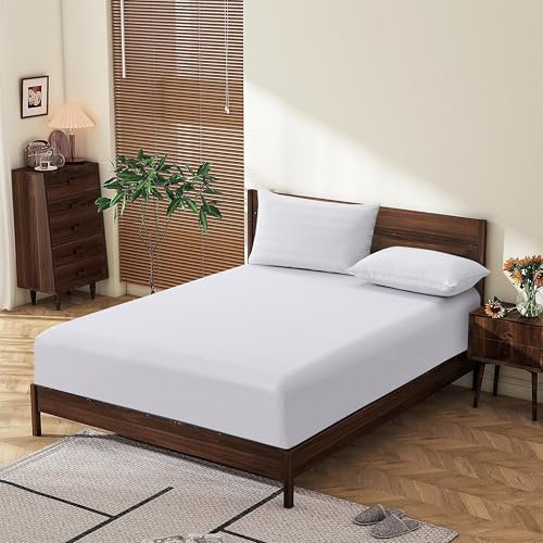 Queen Size Fitted Sheet 100% Egyptian Cotton Fitted Sheets 600 Thread Count 16 Deep Pocket Fitted Sheet, Shrinkage & Fade Resistant-Easy Care (Queen, White)