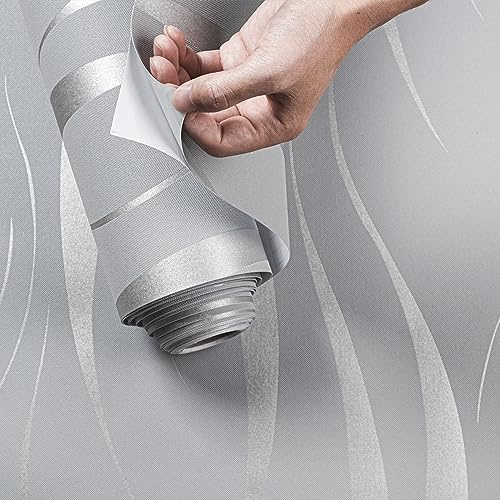 yuyiqi Peel and Stick Wallpaper, Length 20.8 Width 393 Per Roll, Non-Woven 3D Modern Print Embossed Stripe Fashion Wallpapers for Livingroom, Bedroom, Kitchen and Bathroom, Silver Grey