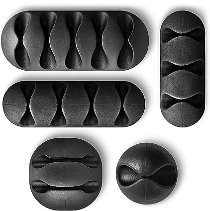 Silicone cable management holders, Reusable multi-purpose clips for desk, power cable, USB cable, headphone cable, TV cable, PC/Laptop cable, Home office (5 Black various sizes)