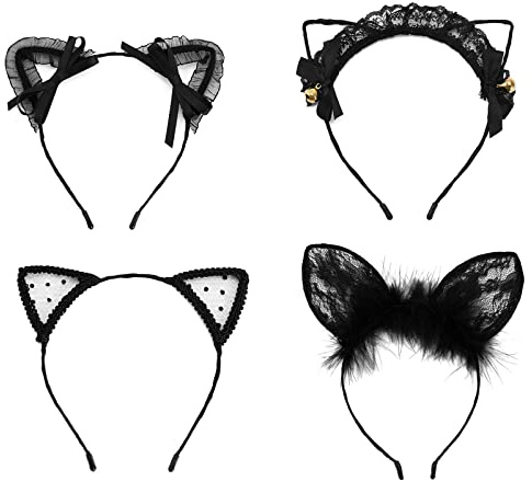 Eterspr 4 Stück Spitze Katze Ohren Stirnband, Cosplay Set Cat Ears, Cosplay Katzenohren Haarschmuck, ür Cosplay Halloween Kostüm Party und Tägliche Tragen