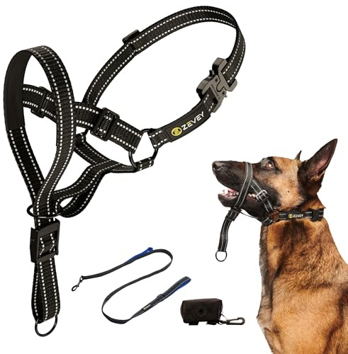 Zevey Dog Headcollar With Leash And Safety Strap Stops Heavy Pulling On The Leash Padded Reflective Head Halter For Small Medium Large Dogs Adjustable Head Harness For Training And Walking, (L, Black)