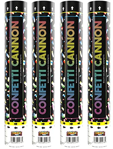 Carnival Party - 30cm Confetti Cannon - Multi-Coloured Confetti - Red, Blue, Green, Yellow & Pink - Poppers for Celebrations, Birthdays, Weddings & Parties - Pack of 4