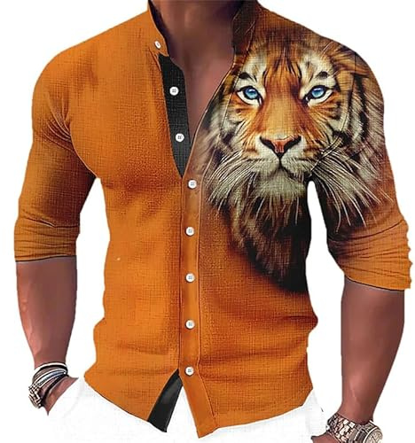 Chemise rétro pour Hommes Chemises à Manches Longues à col Montant imprimées en 3D d'un Tigre Chemisier à Boutons à Motifs de Tigres d'animaux, Style Vintage Tops de Plage hawaïen