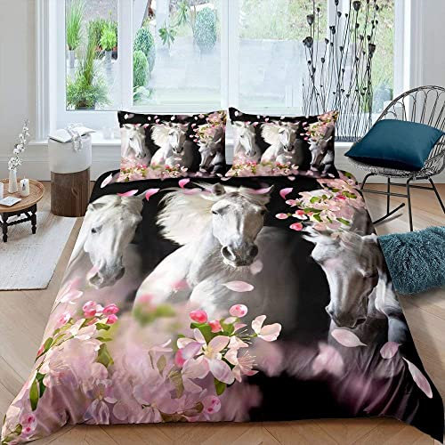 ZZXHG Bettwäsche 155x220 Mikrofaser 3teilig WeißE Begonie Pferd, Wendemotiv Bettbezug Set für Kinder Einzelbett, Atmungsaktiv Bettbezüge mit Reißverschluss und 2 Kissenbezüge 80x80cm