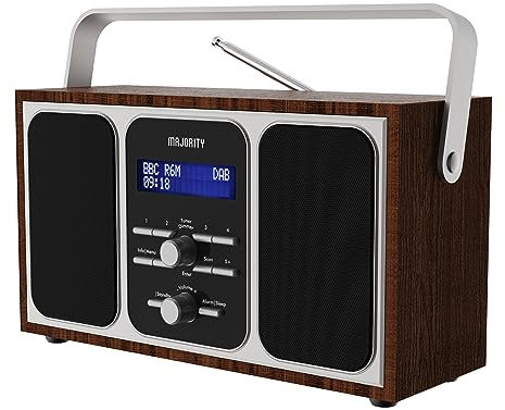 DAB radio portable | DAB+ radio Mains Powered, 15h Battery powered | Premium Wood and Steel | FM Radio, Dual Alarm Clock, & 20 Preset Stations | LED Display and Headphone Jack | MAJORITY Girton Walnut