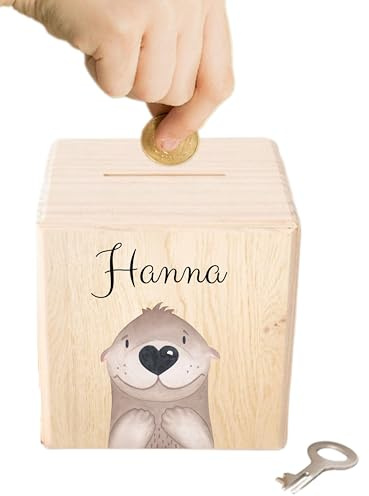 wunderwunsch - Personalisierte Spardose Kinder aus Holz mit Metallschloss - Spardose mit Namen mit kinderfreundlichem UV-Druck zum Sparen für Kinderträume