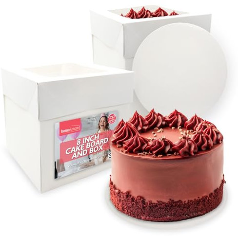 SOL 2pk 8 Inch Cake Board and Box - White Square Tall Cake Box - Sturdy Cake Packaging for Birthday, Party, Wedding - Durable for Safe Transport