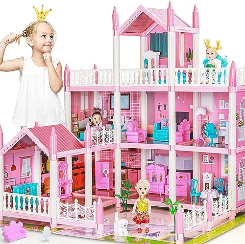 Puppenhaus für 3 4 5 6 7 8 jährige Mädchen Kinder - 4 Puppen, Spielmatte, 3-stöckiges 8 Zimmer Puppenhaus Spielhaus mit Zubehör Set, Möbliertes Pretend Spielhaus Geburtstagsgeschenke