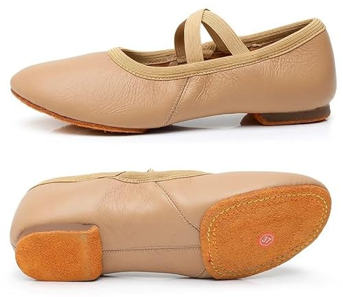 TYNXK Ballet Slippers Genuine Leather Jazz Shoes Jazz Dance Shoes Tan Black Antiskid Sole Adults Dance Sneakers For Girls Women Ballet Pumps (Color : Tan Cowhide sole, Size : 34)