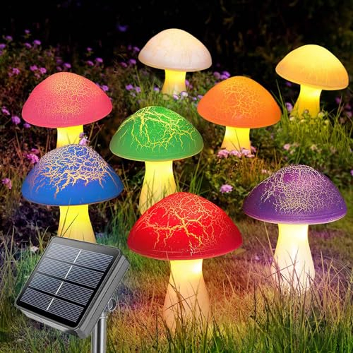 Homeleo 8-Pack Multicoloured Solar Mushroom Garden Stake Lights; Waterproof Cracked Mushroom Lights For Garden, Patio Yard Fence Decor