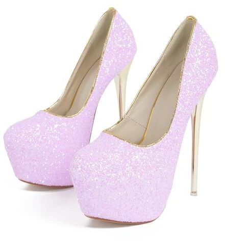 Glitterpumps dam stilett hög klack klack platå plattform rund tåhätta pumps 16 cm fest bröllop klänning skor, lila, 35 EU