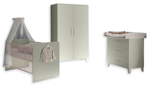 PRIZZI Babyzimmer Komplett-Set in Pastellgrün / Aurum Optik - Babyzimmer Möbel-Set 3-teilig bestehend aus Kleiderschrank, Babybett & Wickelkommode