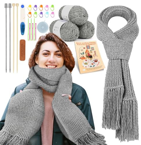 Katech Strickset für Anfänger, Schal-Strickset für Erwachsene, Stricken lernen, Strick-Starter-Set mit Schritt-für-Schritt-Anleitung (evtl. nicht in deutscher Sprache), genug Garn, Strickzubehör, wie
