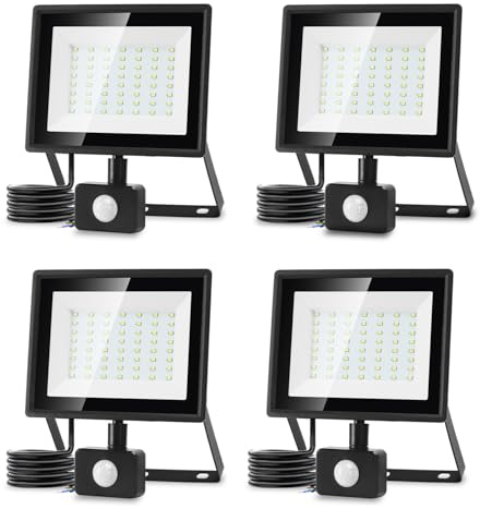 Aigostar Foco LED con Sensor Movimiento 50W,4300LM Super Brillo Focos LED Exterior IP65 Impermeable,Blanco Frío 6500K Proyector Led Exterior,Perfectas para Jardín, Garaje, Patio,paquete de 4