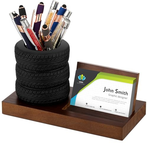 Sherr Tire Shape Stationery Set Car Salesman Gift Tire Stack Pen Holder Business Card Holder Car Salesman Desk Accessories for Desk Office Mechanics Gifts(Walnut)