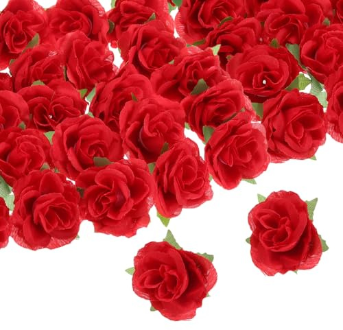 QUARKZMAN 100pz Teste Fiori Rosa Artificiali, 1.2 Teste Rose Finte Seta Mini Fiori Rosa Artificiali Rinfusa per Bouquet Sposa Centrotavola Decorazioni Casa, Rosso