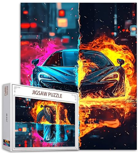 Fire Car 1000 bitar jigsaw pussel för vuxna bil i neonblå målning jigsaw pussel bil i flamma rött pussel utmanande familjeaktivitet konst stadsbild pussel dekor fordon gåvor