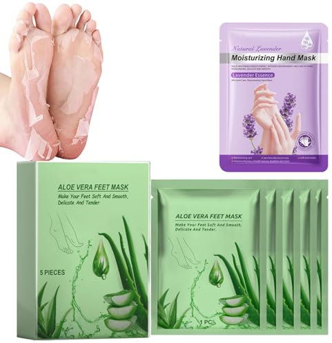 5 Stück Fußmaske+1 Packung Handmaske,Aloe Feuchtigkeitsspendende Fussmaske，,Feuchtigkeitsspendendes Fussmaske Socken Feuchtigkeitsspendende,Mildes Fußmaske,Lavendel Handmaske