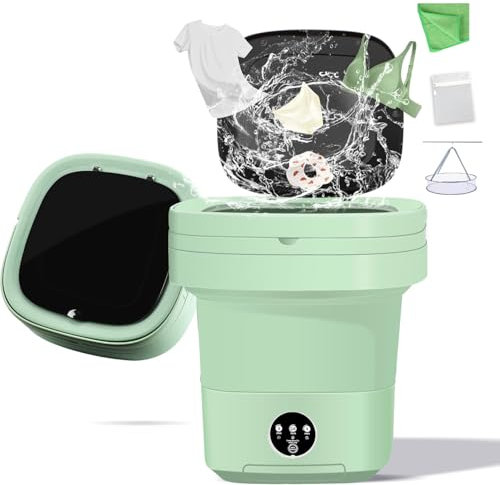 POPPYLANE Portable Washing Machine, 11L Foldable Washer & Spin Dryer with Laundry Bag & Drying Net & Microfiber Cloths, Laundry Machine with 3 Cleaning Modes for Baby Clothes and Underwear (Green)