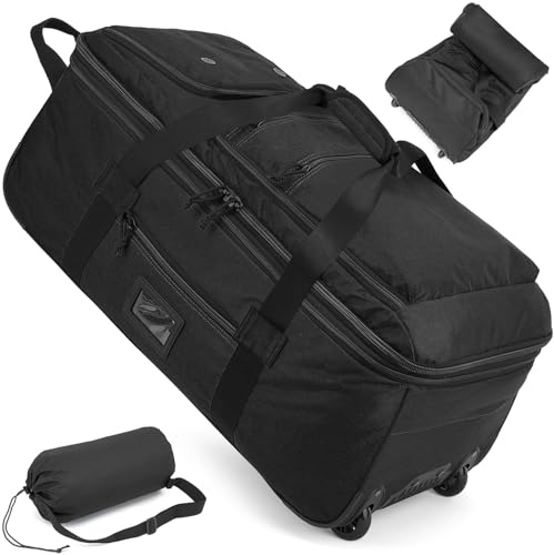 TAIHOYIN Borsone da Viaggio Pieghevole con Ruote Grande 85-100L Espandibile Borsa Sportiva Uomo Valigia con Ruote XL per Campeggio, Nero