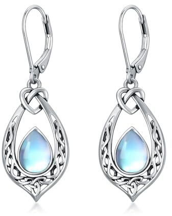 Keltische Knoten-Mondstein-Ohrringe 925 Sterling Silber Oxidiert Vintage-Ohrhänger mit Ovalem Mondstein Schmuck Geschenke für Frauen