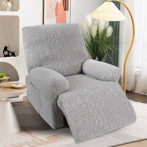Sesselschoner Sesselbezug mit Armlehne & Taschen- Komplett Relaxsessel Bezüge 4-Teilig für Recliner Chair, Stretchhusse Stretch Sessel Überzug für Fernsehsessel Liege Sessel (1 Sitzer, Hellgrau)