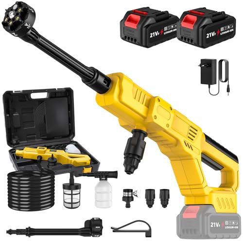 Hidrolimpiadora Bateria 50 Bars, 300W Pistola de Agua a Presión con 2 x 3.0Ah Baterías, Boquilla 6 en 1 Hidrolimpiadora de Bateria, Manguera de 5M y Pulverizador de Espuma para Coche, Jardín, etc