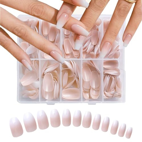Auriselle 240 pezzi 12 misure Set di unghie finte Gradual Bianco Nude Forma a bara artificiali adesive Aspetto naturale Lunga durata Matrimoni Feste Vita quotidiana Unghie artificiali