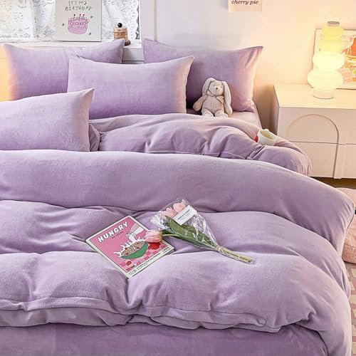 Nyescasa Housse de Couette Flanelle 220x240 Lila Violet Polaire Chaude Hiver Parure de Lit Adulte 2 Personnes en Peluche Velours Doux Linge de lit avec Fermeture Éclair et 2 Taies d'oreiller 65x65 cm