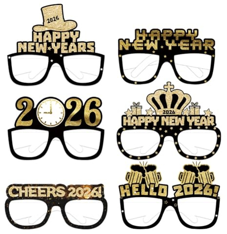 Hrlace Silvester Brille 2026 Frohes Neues Jahr Brillen Silvester Deko Schwarz Gold Happy New Year Partybrille Neujahr Deko-Brillen für Foto Requisiten Silvester-Party Dekoration Zubehör 6 Stück/Set