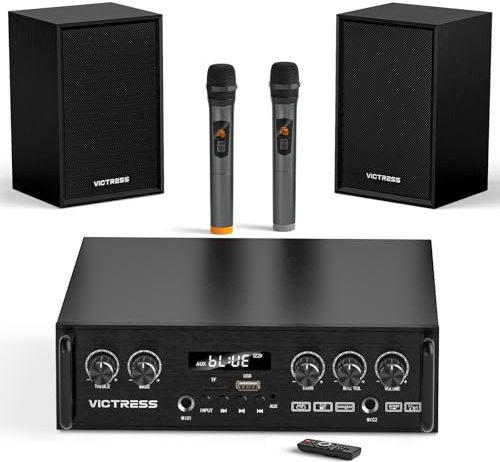 All-in-One 500W Power Amplifier for Home Audio, Bluetooth 5.0 with 2 HiFi Speaker&Wireless UHF Microphones, 2 Channel Stereo Amplifier Set for Home/Party/Music, USB/TF/AUX, Remote Control (Black)