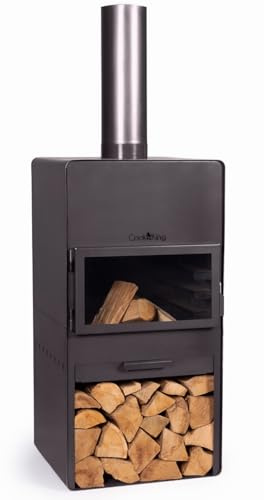 Gartenkamin Vento Gartenofen mit gehärtetem Glas H 150 cm zum Heizen und Grillen mit Kaminregal