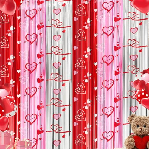 Gleemix Lametta Vorhang Valentinstag, Herz Luftschlangen, Lametta Rosa Rot Silber, Romantisch Glitzervorhang, Party Vorhänge Foto Hintergrund, Fadenvorhang Glitzer Deko, für Galentines Day, 1m*2m
