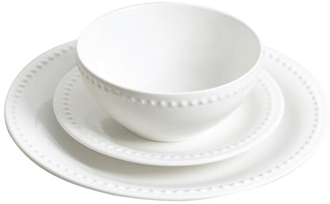 wilko 12 Piece Vintage Pearl Dinner Set, White, Beaded Design, Porcelain, Dishwasher and Microwave Safe, Modern Dining