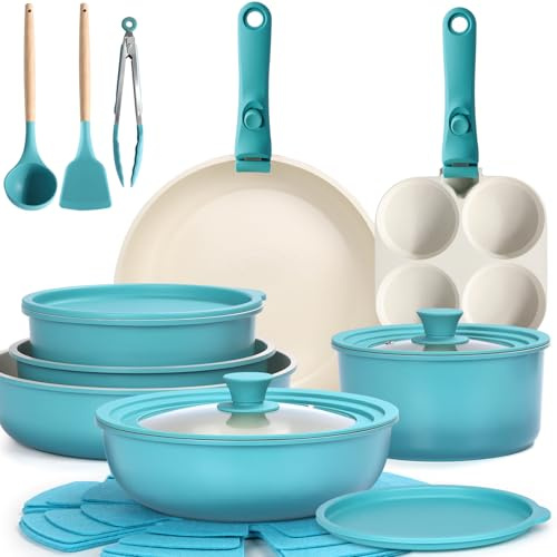 GIPP 21PCS Pots and Pans Set Non Stick,Nonstick Cookware Set Detachable Handle,Pots for Cooking Non Stick with Removable Handle,RV Cookware Set,PFAS PFOA Free(Blue Gradient,21PCS Plus)