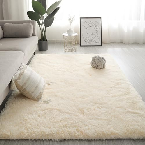 Generisch Shaggy Hochflor Teppich einfarbiger, Moderner Langflor Teppich im Skandi Stil, flauschig, weich & rutschfest für Flur, Eingangsbereich und als Bettvorleger, Cremeweiß, 80x160 cm