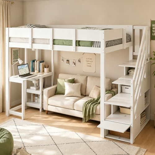 Etagenbett Kinderbett 90x200 cm, Hochbett Bett mit Treppe und Ablage,Weiß