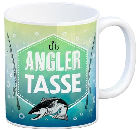 Kaffeebecher mit Fisch und Angel Motiv und Spruch: Angler Tasse