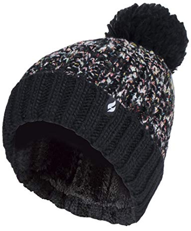 HEAT HOLDERS - Damen Elegant Strickmütze Gefüttert Groß Beanie mit Bommel und Fleecefutter (Einheitsgröße, Schwarz)