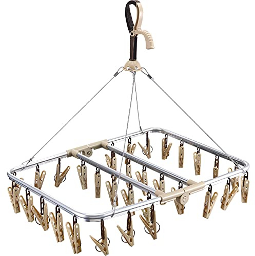 ANVINKU Sock Dryer, Aluminum 32 Pegs Sock Hanger for Washing Line | Folding Clothes Drying Rack with Windproof Hook, Hanging Clothes Airer for Socks, Underwear, Baby Clothes & Hats (White)