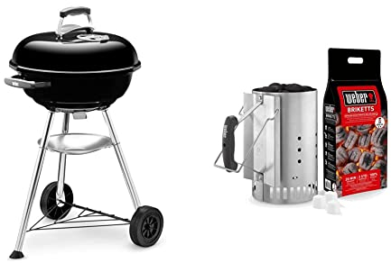 Weber 1221004 - Compact Kettle Barbecue Compatto, 47 Cm, Nero & 17631 - Kit Ciminiera Di Accensione + 2 Kg Di Bricchetti + 3 Cubetti Accensione