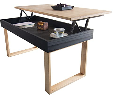 LoMasCasa - Mesa de Centro Modelo Ebro Elevable de Madera Maciza de Pino Natural con Patas y Tablero Color Madera y el Resto en Negro -Estilo Nórdico - Medidas 100x50x48 cm