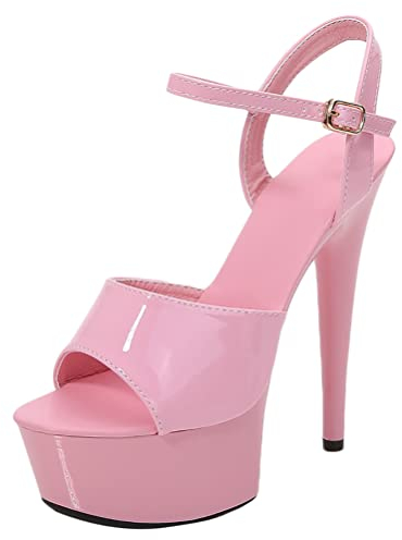 Minetom Damen Plateau Pumps High Heels Stiletto Schnallenschuhe Sandaletten Absatzschuhe Peep Toe Plattform Abend Party Sandalen Rosa 42 EU