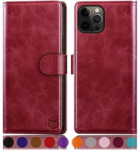SUANPOT [RFID Schutz für iPhone 12 Pro Max 6,7-Zoll Hülle PU Leder Handyhülle Lederhülle Klapphülle Kartenfach Flip Cover für Apple 12 Pro Max Handy hülle Leather Wallet Phone Case Rot