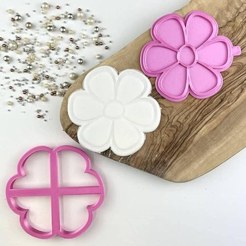 LissieLou Simple Flower Outline Floral Cookie Cutter and Stamp Icing Stamp Fondant Embosser Floral Theme - Light Pink/Clear