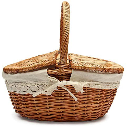 CAZARU Handgefertigter Weidenkorb, Weiden-Camping-Picknickkorb, Einkaufskorb mit Deckel und Griff, aus Holz, Farbe, Weiden-Picknickkorb