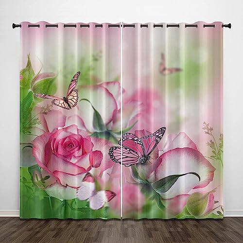 SJSXWQN Butterfly Curtains Pink Rose Eyelet Blackout Curtains Thermal Insulated Curtains for Bedroom, Noise Reduce Curtains for Living Room, Kitchen, Nursery, Office - (2 Panels, W66 x L90)