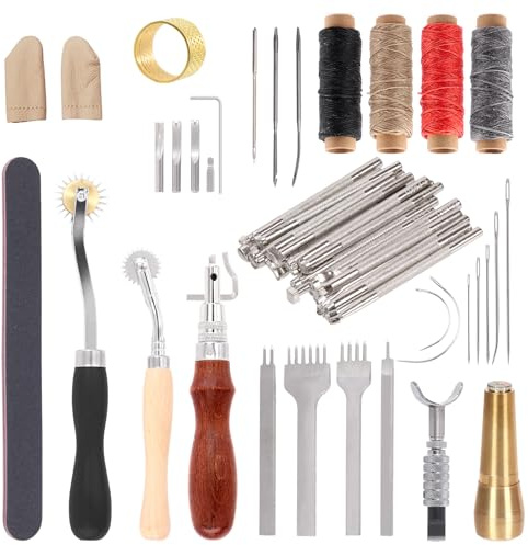 Glarks Kit di 52 attrezzi e forniture per la lavorazione della pelle, kit di utensili manuali in pelle, include strumenti in pelle, forchetta per unghie, fili cerati, strumenti di stampa, rotella di